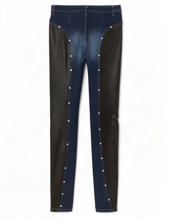 Jeans skinny feminino vintage pequeno W26 L31 azul marinho algodão colorblock