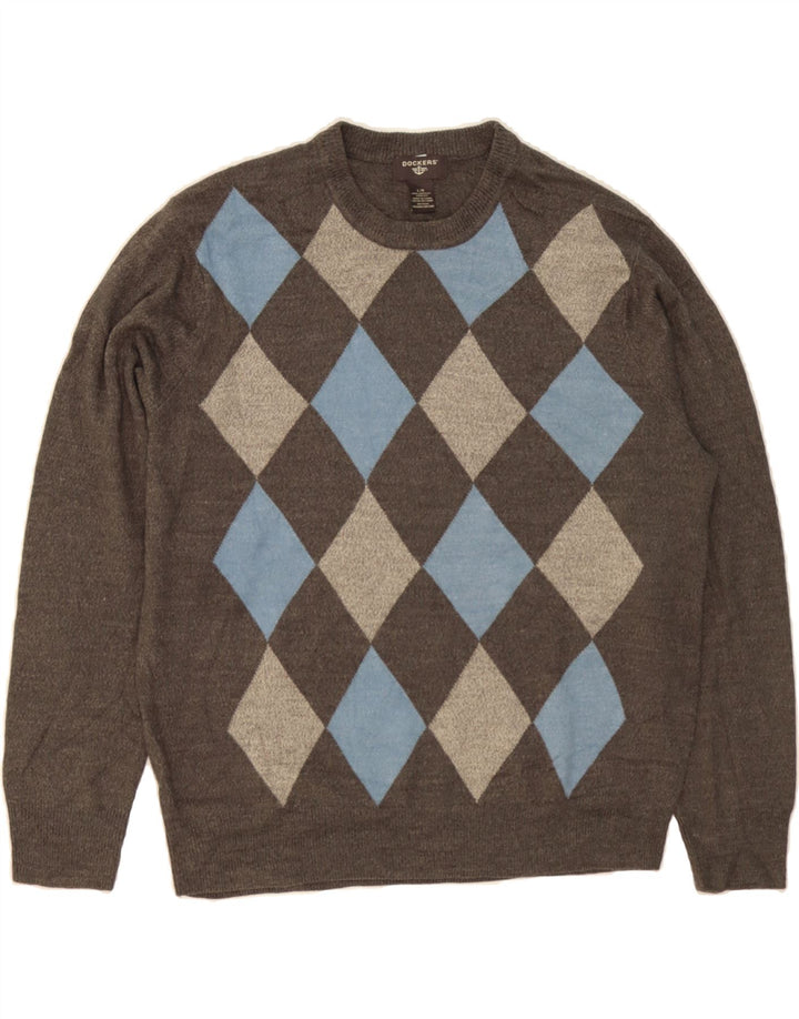 DOCKERS Mens Crew Neck Jumper Sweater Large Grey Argyle/Diamond Acrylic Vintage Dockers and Second-Hand Dockers from Messina Hembry 