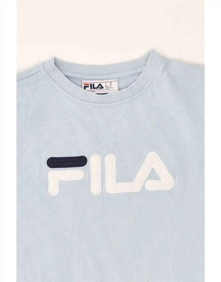 FILA Womens Graphic Sweatshirt Jumper UK 14 Medium Blue Cotton | Vintage Fila | Thrift | Second-Hand Fila | Used Clothing | Messina Hembry 