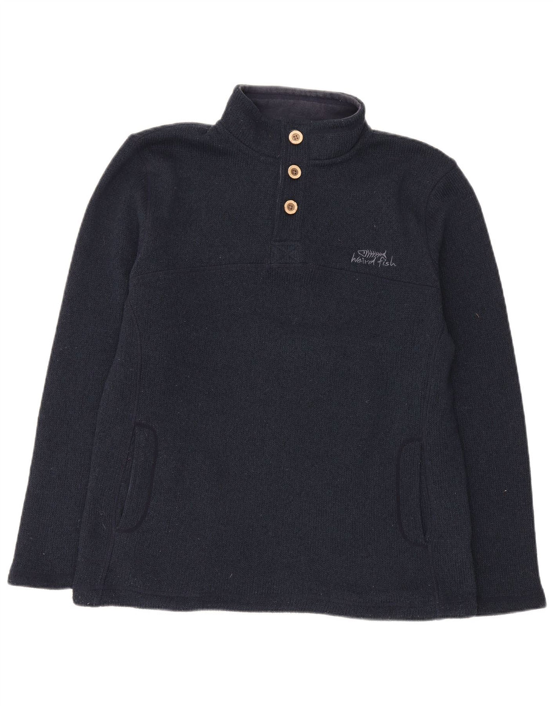 Weird Fish Mens Button Neck Jumper Sweater Large Navy Blue Polyester