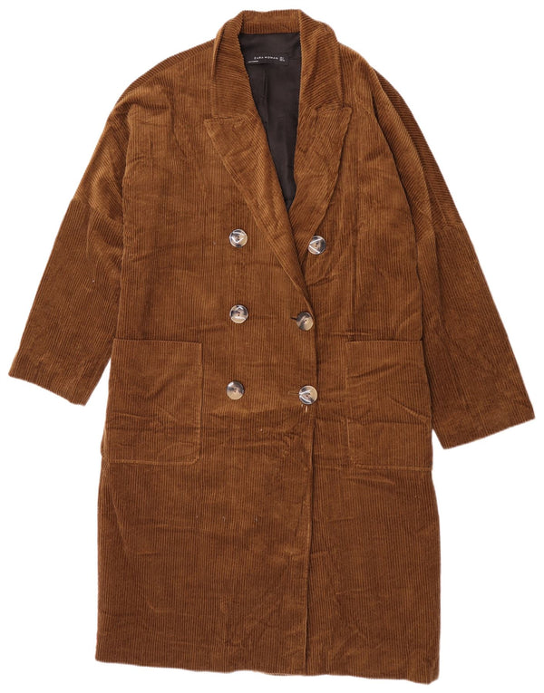 Zara Womens Double Breasted Corduroy Coat UK 16 Large Khaki Cotton