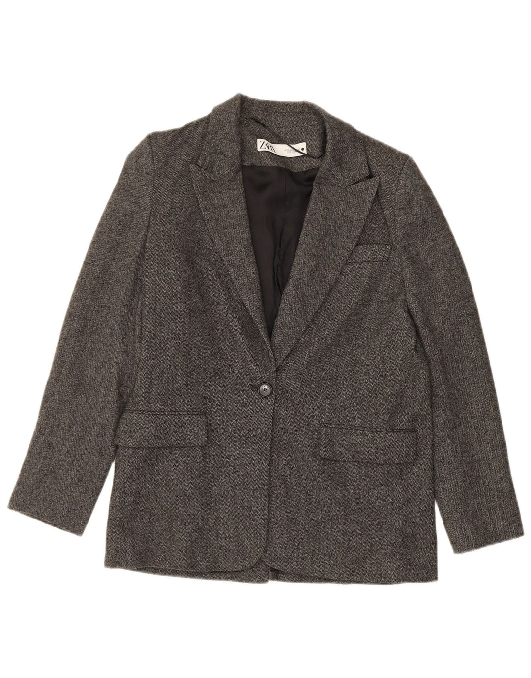 ZARA Womens 1 Button Blazer Jacket UK 6 XS Grey Herringbone Wool
