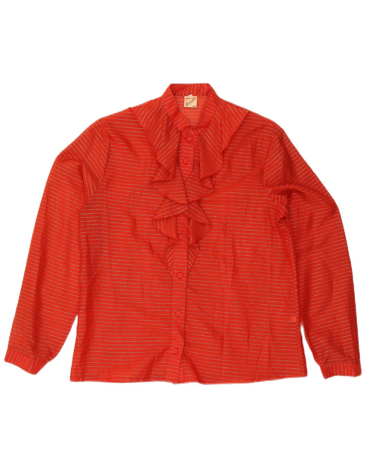 Vintage Womens Ruffle Front Blouse Top IT 48 XL Red Striped Polyester
