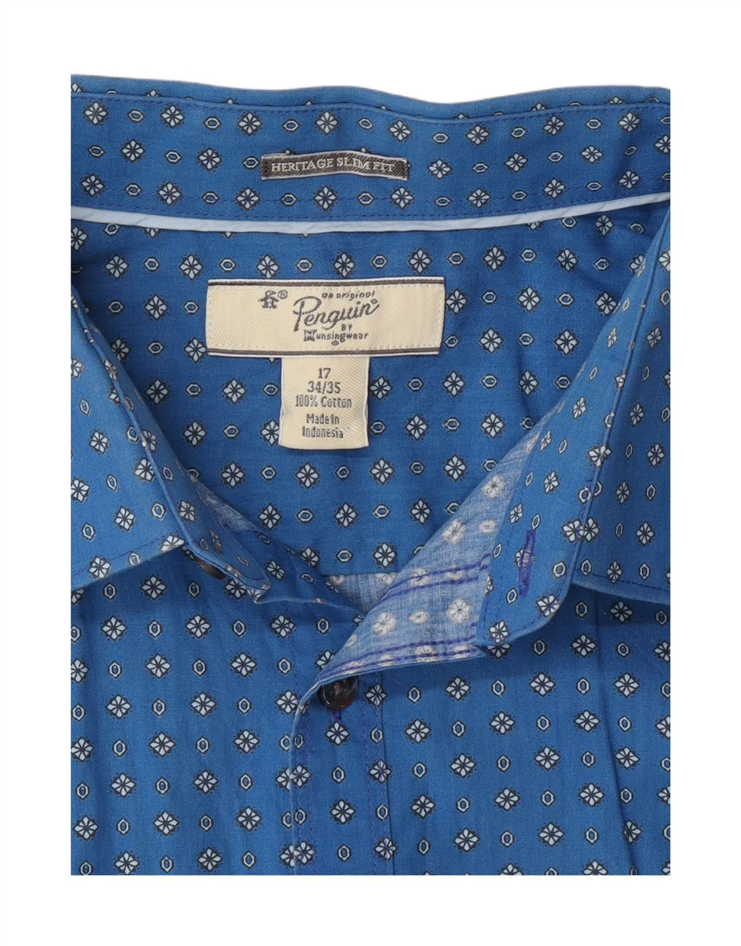 PENGUIN Mens Heritage Abstract Pattern Slim Fit Shirt Size 17 XL Blue Vintage Penguin and Second-Hand Penguin from Messina Hembry 