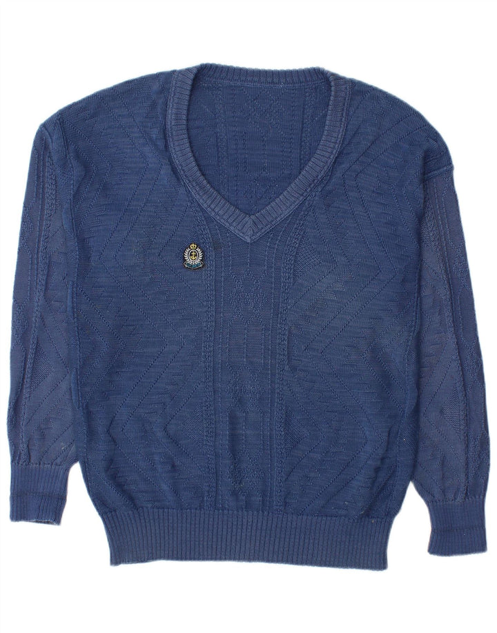 Vintage Mens V-Neck Jumper Sweater IT 48 Medium Blue Cotton