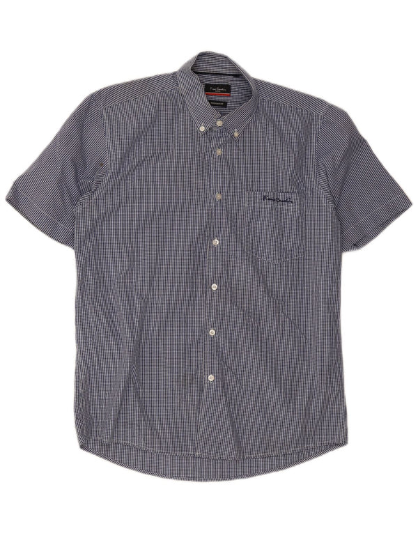 Pierre Cardin Mens Short Sleeve Shirt Large Blue Gingham Polyester