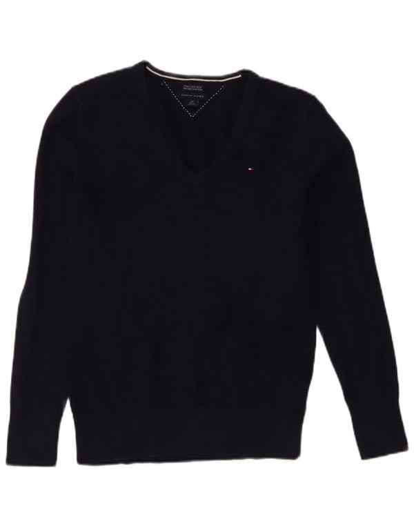 Tommy Hilfiger Damen-Pullover mit V-Ausschnitt, Gr. 10, Größe S, Marineblau, Baumwolle