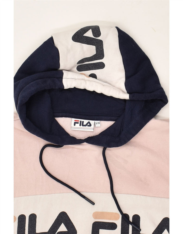 FILA Womens Graphic Hoodie Jumper UK 10 Small Navy Blue Colourblock Cotton | Vintage Fila | Thrift | Second-Hand Fila | Used Clothing | Messina Hembry 