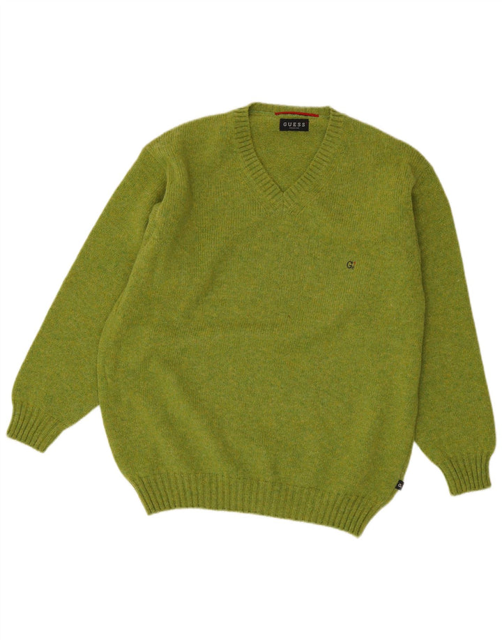 Guess Mens V-Neck Jumper Sweater Large Green Wool