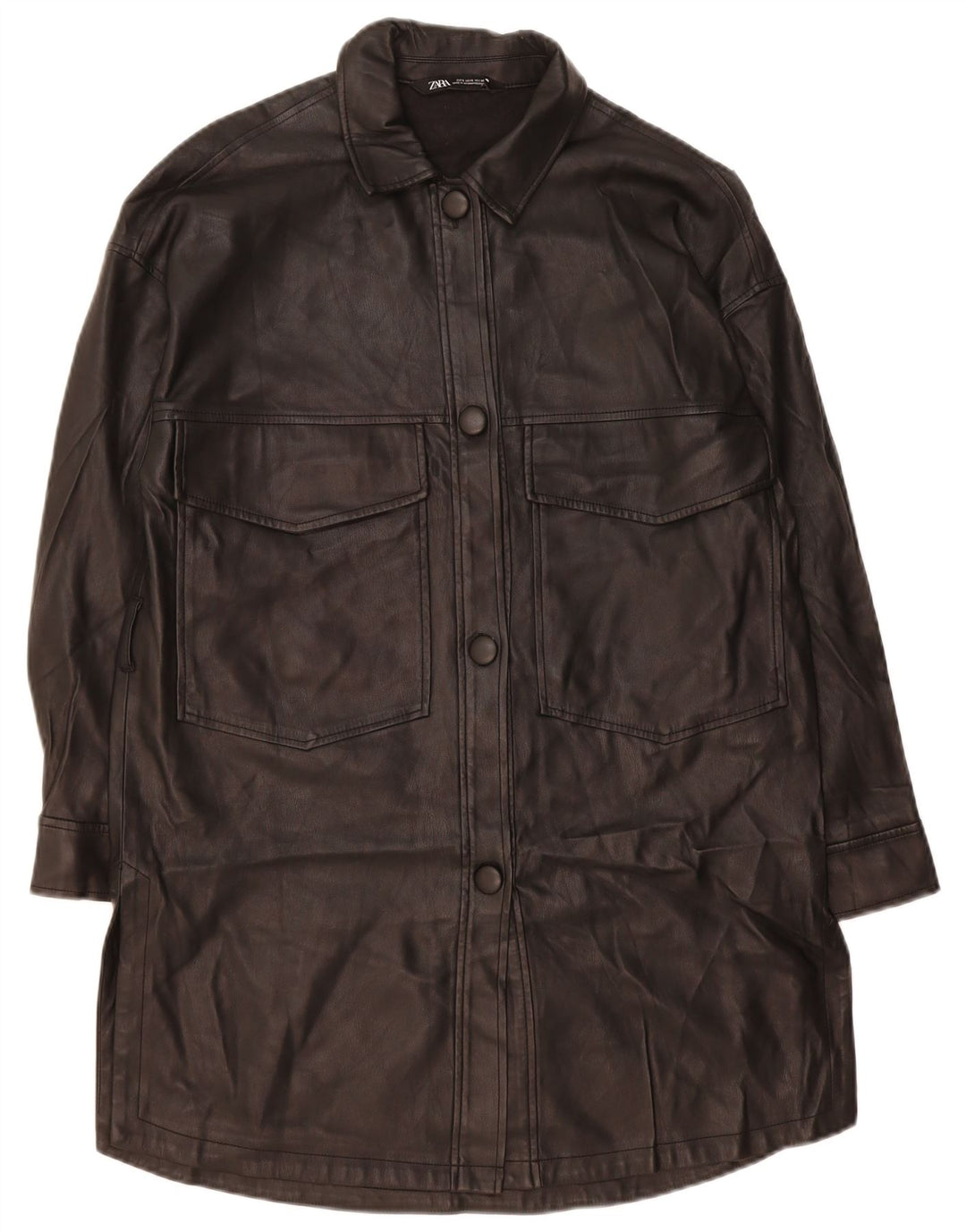 ZARA Womens Oversized Faux Leather Overcoat UK 10 Small Black Polyurethane
