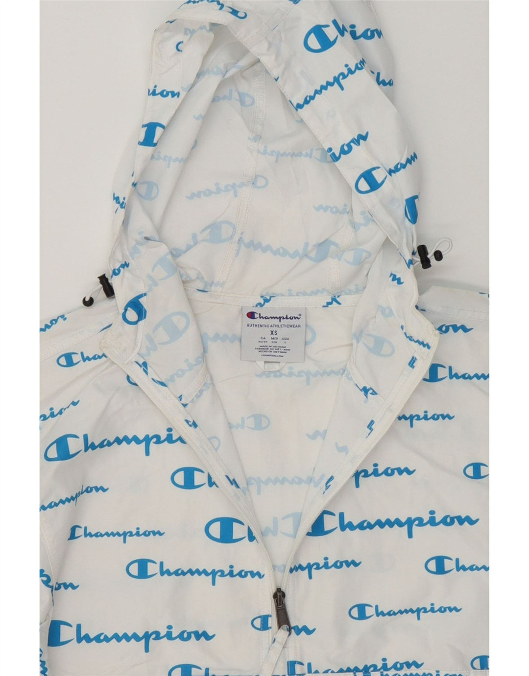 CHAMPION Womens Graphic Hooded Rain Jacket UK 6 XS White Polyester Vintage Champion and Second-Hand Champion from Messina Hembry 