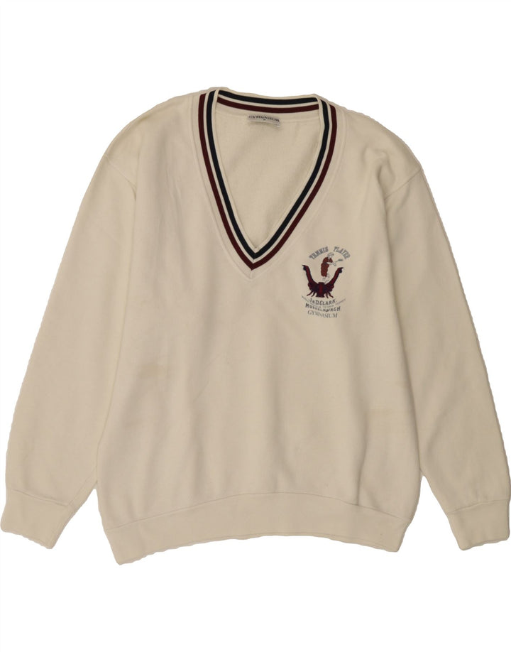 GYMNASIUM Mens Graphic Sweatshirt Jumper Medium White Vintage Gymnasium and Second-Hand Gymnasium from Messina Hembry 