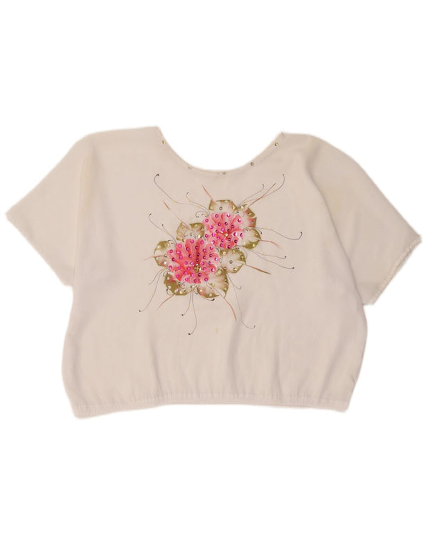 Vintage Womens Crop Bluse Top UK 18 XL White Floral