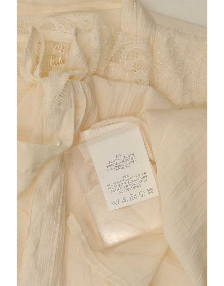 Vintage Womens Ruffle Front Shirt Blouse UK 14 Medium Beige Viscose