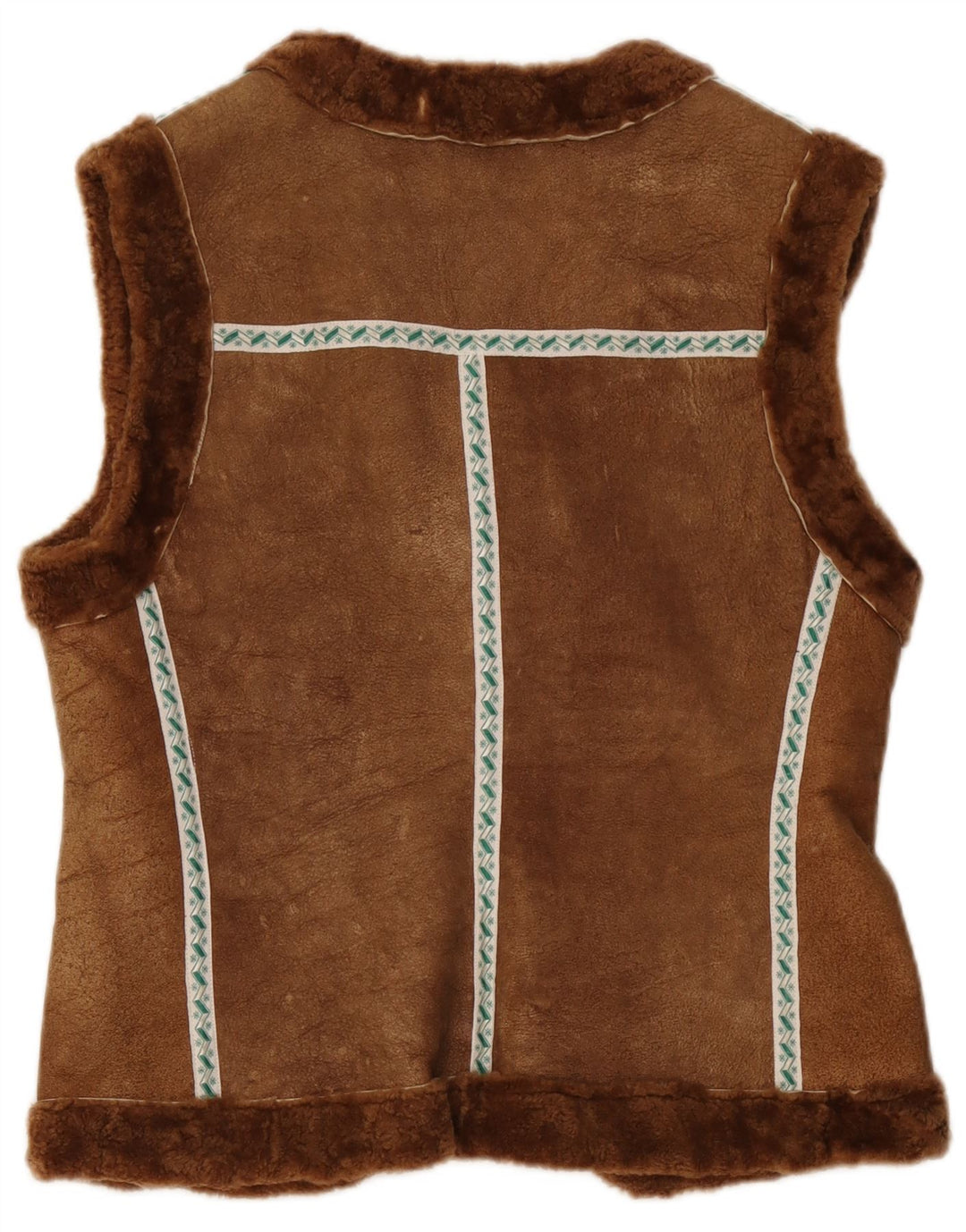 Vintage Womens Shearling Gilet UK 12 Medium Brown Geometric