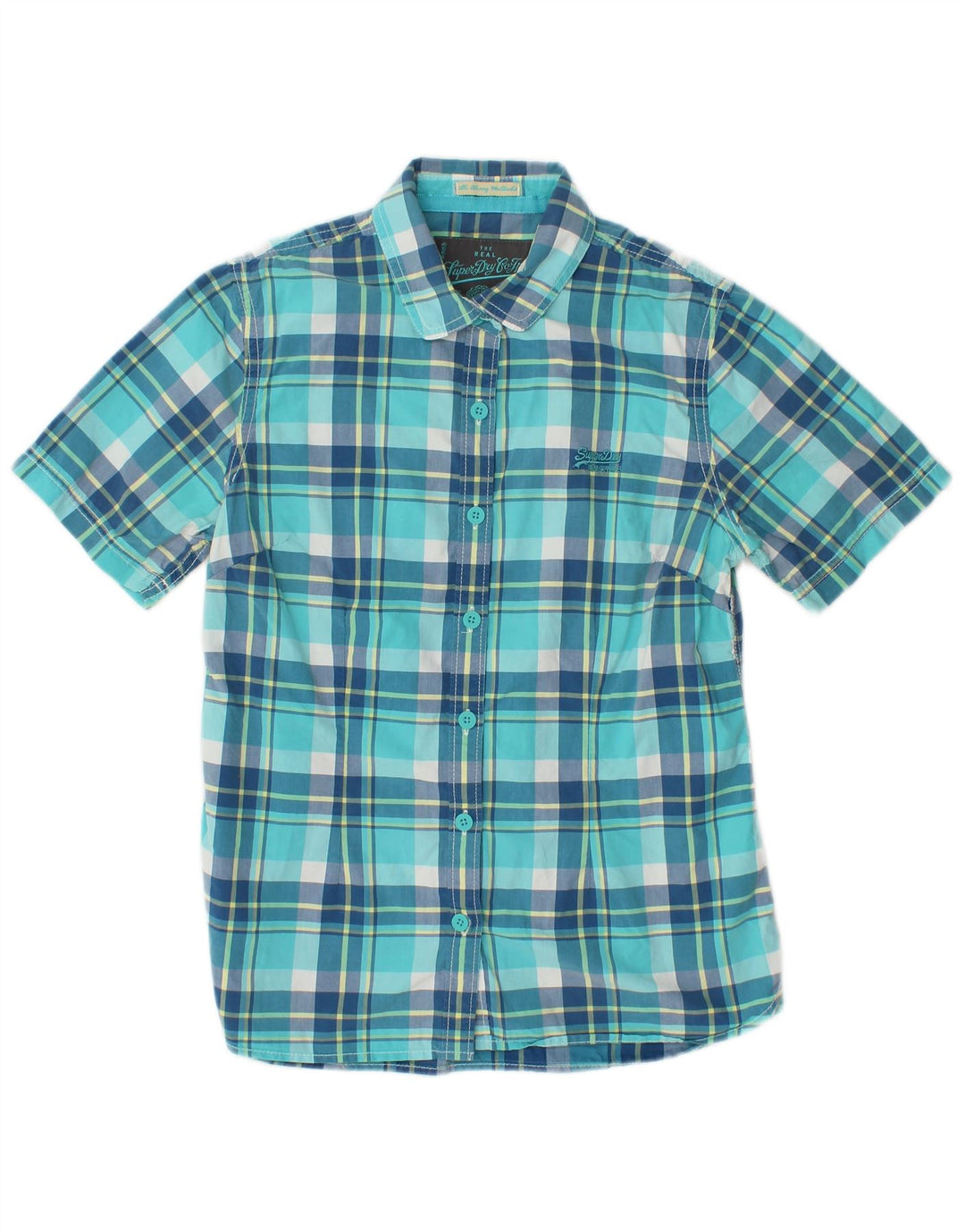 SUPERDRY Womens Short Sleeve Shirt UK 12 Medium Blue Check Cotton