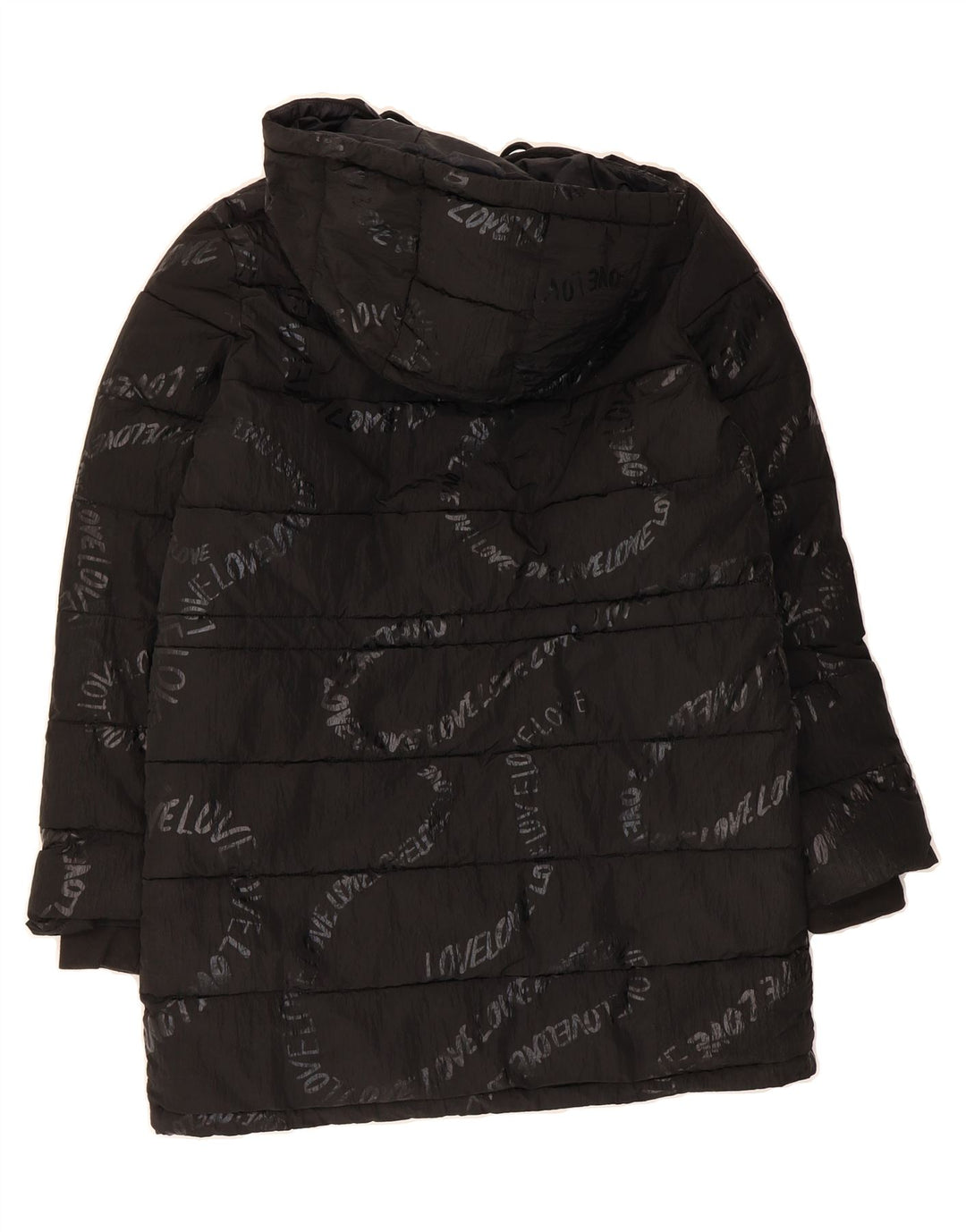 DESIGUAL Womens Graphic Hooded Padded Coat UK 14 Medium Black Polyamide Vintage Desigual and Second-Hand Desigual from Messina Hembry 