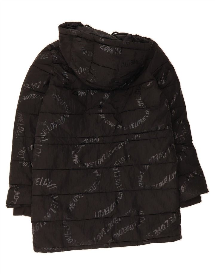 DESIGUAL Womens Graphic Hooded Padded Coat UK 14 Medium Black Polyamide Vintage Desigual and Second-Hand Desigual from Messina Hembry 