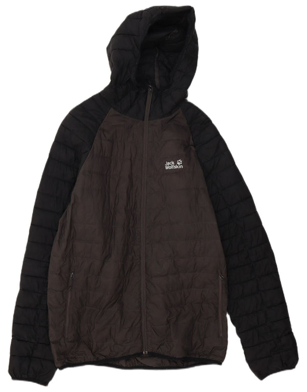 Męska ocieplana kurtka z kapturem Jack Wolfskin UK 40, duża, szara, z blokami kolorów
