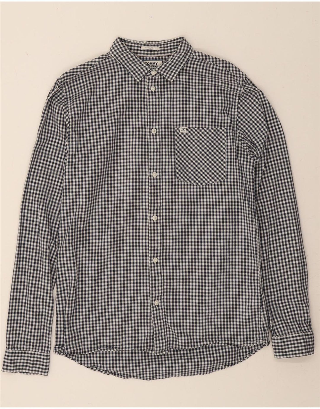 TOMMY HILFIGER Mens Regular Fit Shirt Medium Navy Blue Gingham Cotton Vintage Tommy Hilfiger and Second-Hand Tommy Hilfiger from Messina Hembry 