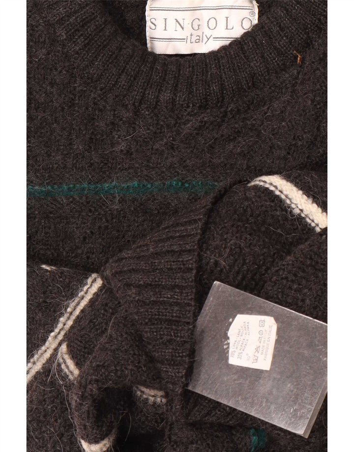 Vintage Mens Crew Neck Jumper Sweater Medium Grey Striped Wool