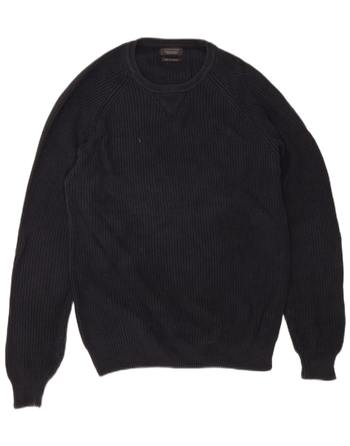 Zara Mens Crew Neck Jumper Sweater Medium Navy Blue Cotton