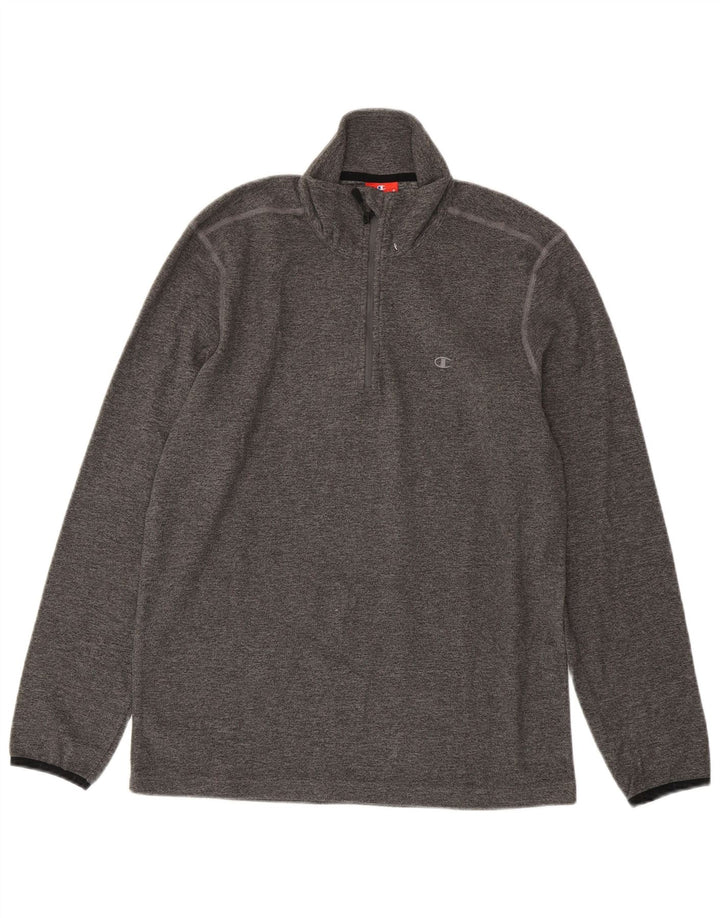 CHAMPION Mens Zip Neck Fleece Jumper Medium Grey Flecked Polyester