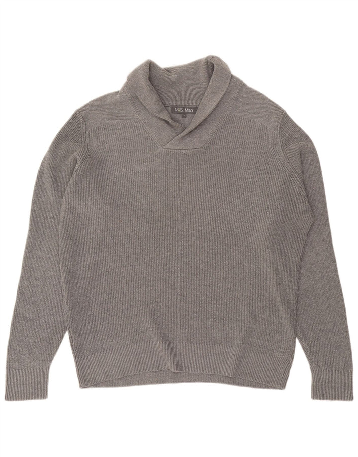 Marks & Spencer Mens Shawl Neck Jumper Sweater Large Grey Cotton