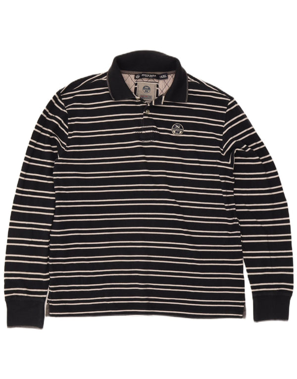 North Sails Mens Long Sleeve Rugby Polo Shirt 2XL Navy Blue Striped Cotton