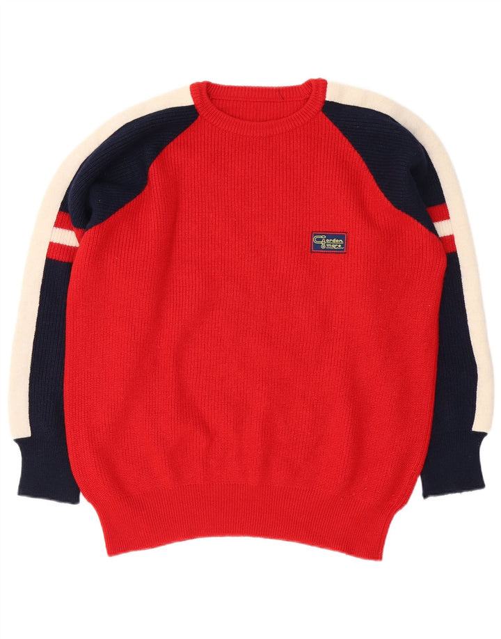 Vintage Mens Crew Neck Jumper Sweater Medium Red Colourblock