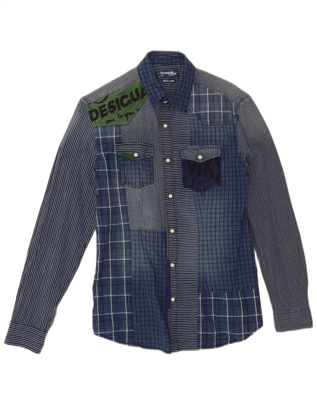 DESIGUAL Mens Regular Fit Graphic Shirt Small Blue Patchwork Cotton
