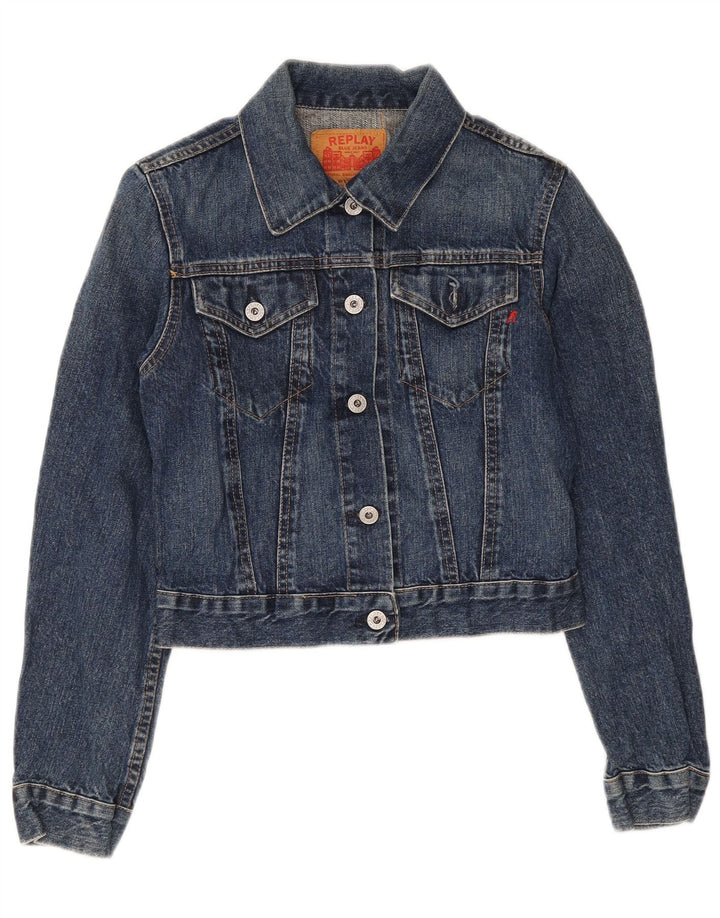 Replay Womens Crop Denim Jacket UK 8 Small Blue Cotton