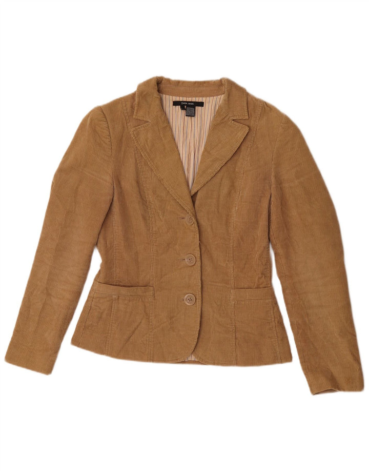 Zara Womens 3 Button Corduroy Blazer Jacket UK 12 Medium Brown Cotton