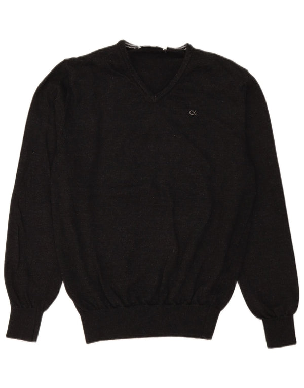 Calvin Klein Mens V-Neck Jumper Sweater Large Black Merino Wool