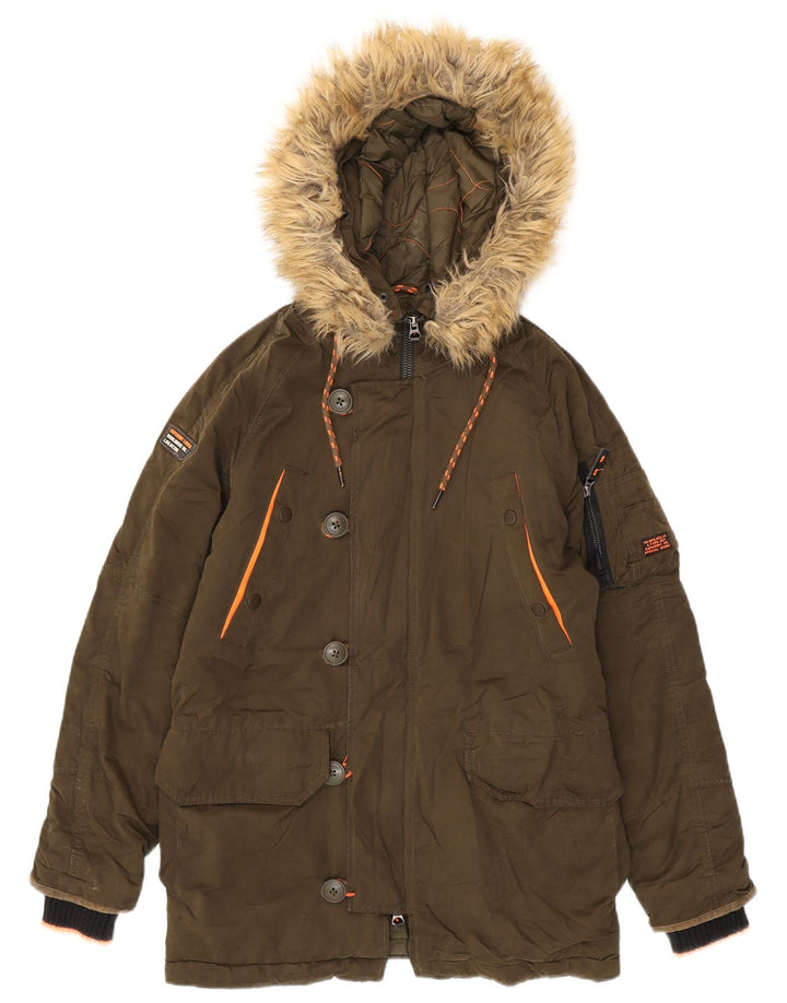 Superdry Womens Oversized Hooded Parka Jacket UK 6 XS Khaki Polyester