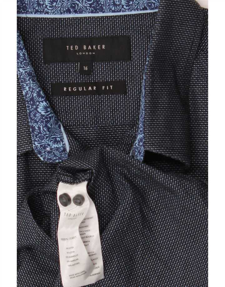 TED BAKER Herre Regular Fit skjorte str. 16 Large Navyblå plettet bomuld