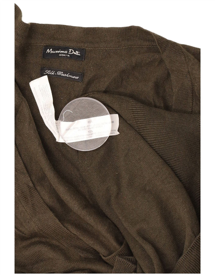 Massimo Dutti Womens V-Neck Jumper Sweater UK 14 Medium Khaki Silk
