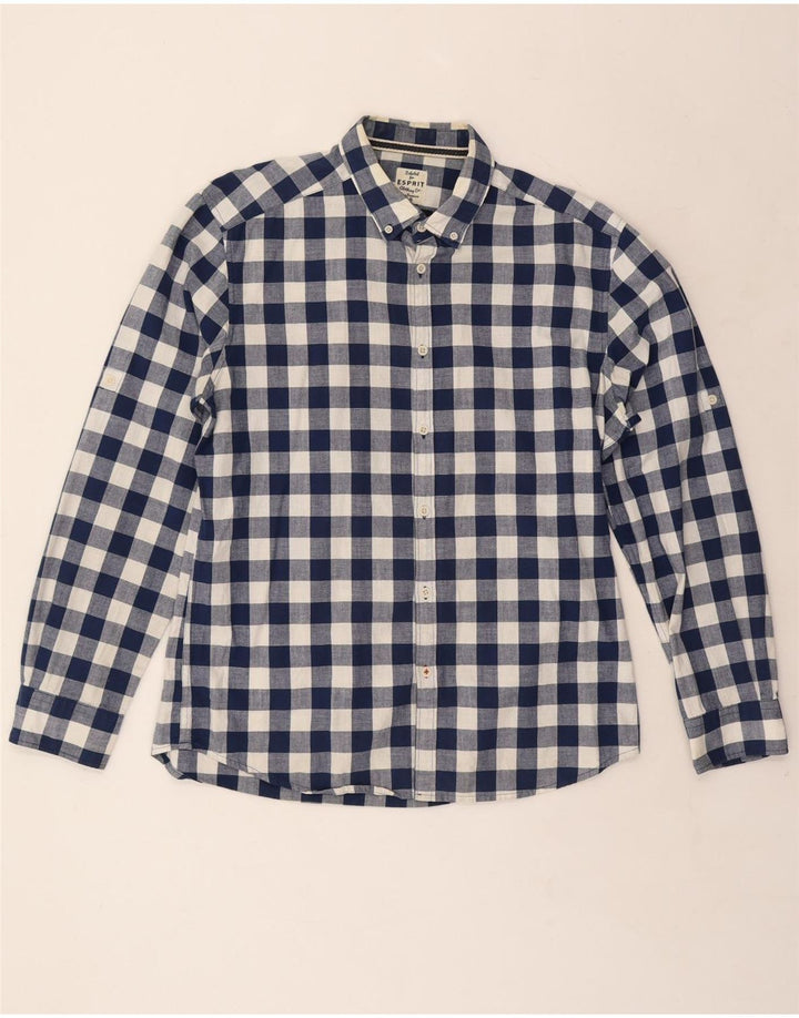 ESPRIT Mens Regular Fit Shirt Large Navy Blue Gingham Cotton