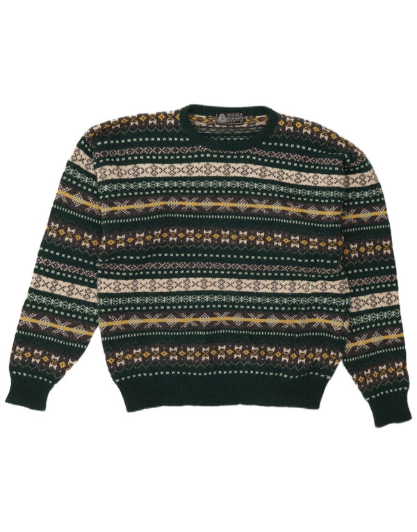 vintage Mens Crew Neck Jumper Pull Grand Vert Fair Isle Virgin Wool
