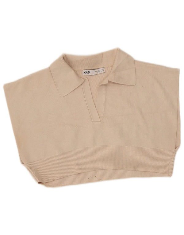 Zara Womens Crop Sleeveless Polo Shirt UK 10 Small Beige