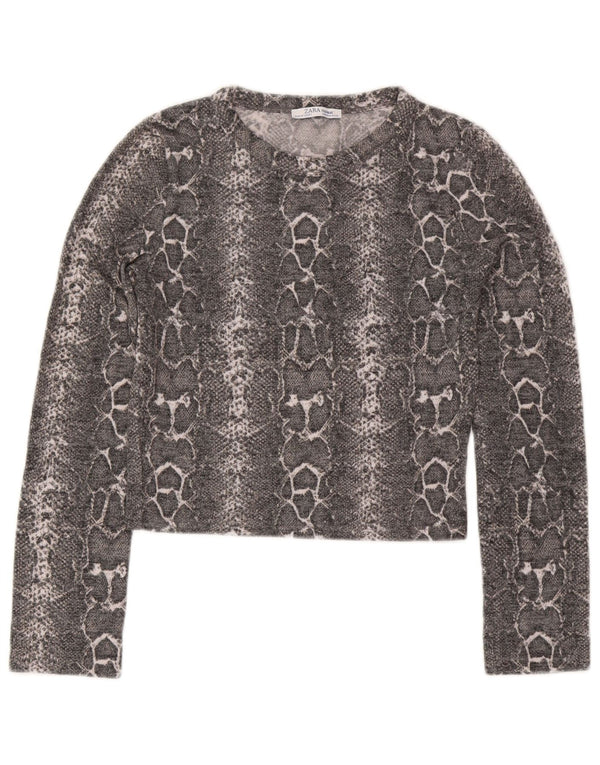 Zara Damen Trafaluc Crop Top Langarm UK 12 Mittelgrau Animal Print