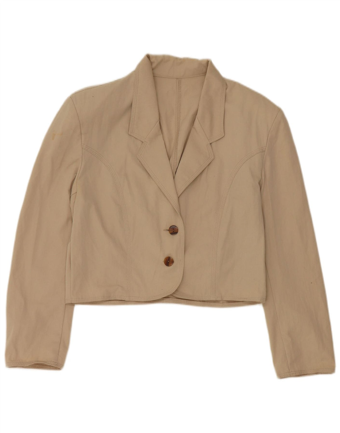 Jaqueta blazer feminina Stefanel Crop 2 botões Reino Unido 16 grande poliéster bege