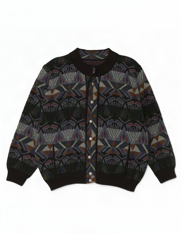 Maglione cardigan da uomo vintage grande acrilico geometrico verde