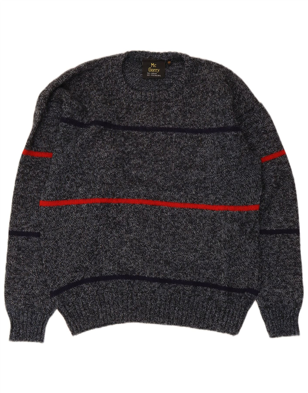 Vintage Mens Crew Neck Jumper Sweater IT 50 Medium Grey Striped Wool
