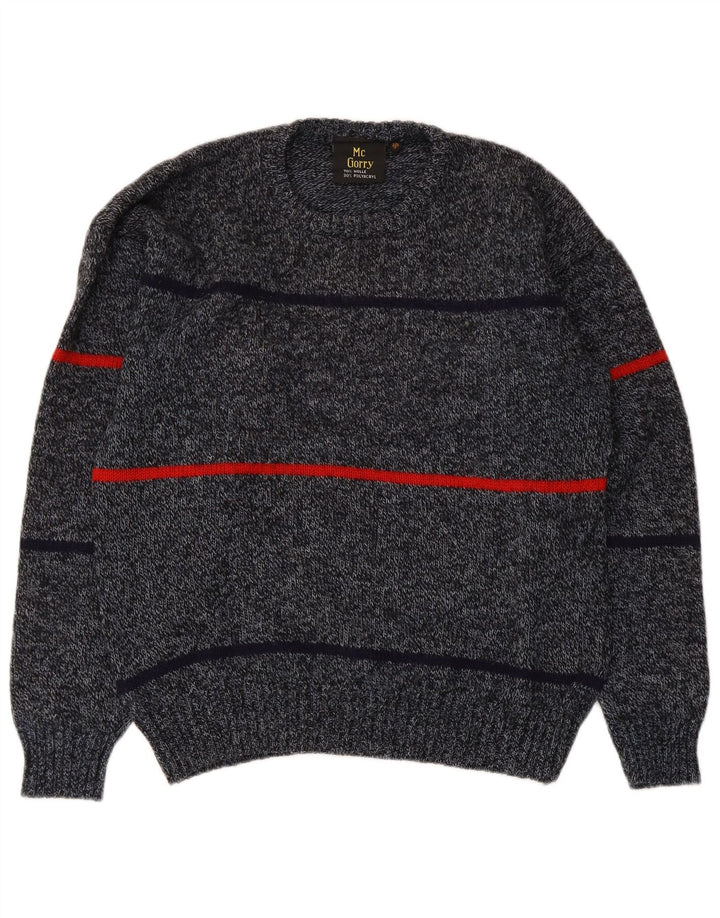 Vintage Mens Crew Neck Jumper Sweater IT 50 Medium Grey Striped Wool