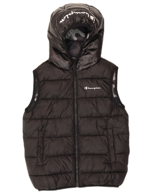 Champion Boys Graphic Hooded Padded Gilet 11-12 Years Large Black Polyester