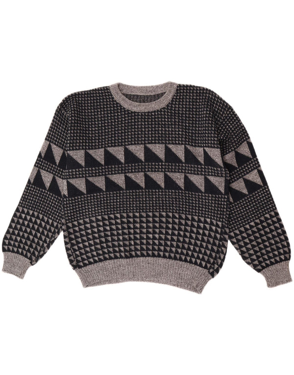 vintage Mens Crew Neck Jumper Pull Grand Gris Géométrique
