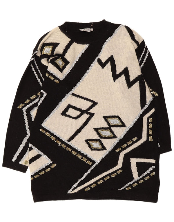 Vintage Womens Jumper Dress UK 16 Large Black Geometric Lambswool