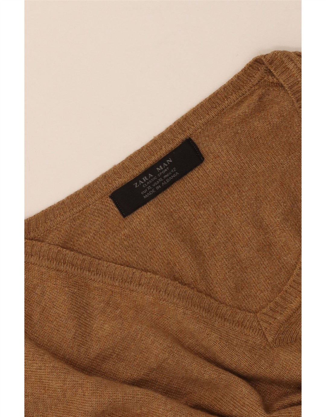 ZARA Mens V-Neck Jumper Sweater XL Brown