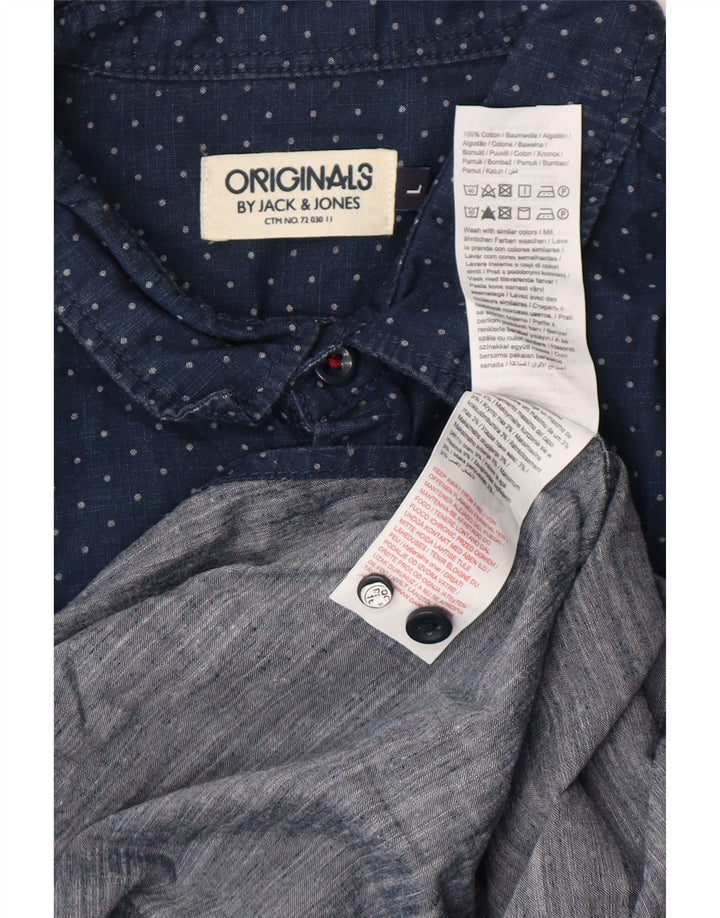 JACK & JONES Mens Shirt Large Navy Blue Spotted Cotton